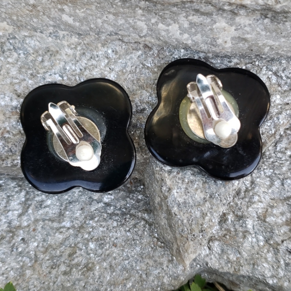 Lrg Vintage Black White Geometric Design Earrings - Picture 8 of 8